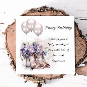 Bellissimo biglietto di auguri di compleanno con scarpe floreali e palloncini color avorio effetto perlato per lei, splendido biglietto per sorella, amica, zia, biglietti per lei
