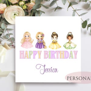 Personalised Princess Birthday Card, Custom Printed Card With Name For Niece, Daughter, Granddaughter, Choice Of Up To 4 Princesses