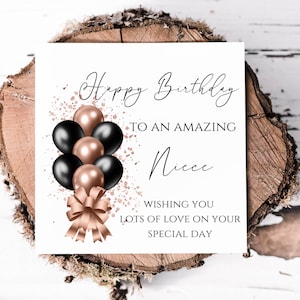 Tarjeta de cumpleaños para sobrina con ramo de globos negros y dorados, bonita tarjeta de cumpleaños para una sobrina maravillosa, tarjetas de cumpleaños para ella