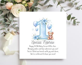 Special Nephew 1st Birthday Card, Cute Little Boy First Birthday Card With Sweet Verse, Beautiful First Birthday Keepsake
