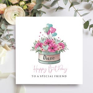 Carte d'anniversaire d'un ami spécial, carte de conception florale de boîte à chapeau pour un bel ami personnalisée avec le nom