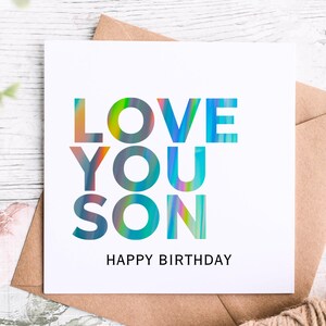 Tarjeta de cumpleaños "Te amo, hijo", tarjeta de feliz cumpleaños sentimental para hijo, tarjeta de felicitación hecha a mano con estampado llamativo, tarjeta de cumpleaños emotiva para niño