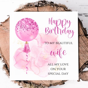 Cartão de aniversário da esposa com balões com efeito glitter rosa impresso, cartão especial para o aniversário dela, cartões para ela