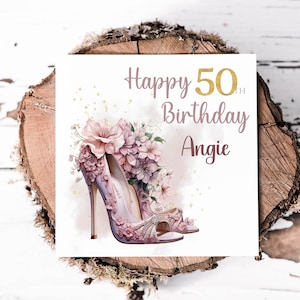 Bellissimo biglietto di auguri personalizzato per il 50° compleanno con scarpe floreali per lei, splendido biglietto per sorella, amica, zia, biglietti di auguri per un compleanno importante per lei