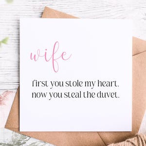Carte d'anniversaire romantique ou carte d'anniversaire, vous avez d'abord volé mon coeur, maintenant vous volez la couette, carte humoristique de voleur de couette pour femme