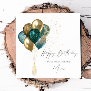 Cartão de aniversário maravilhoso para a mãe com balões com efeito glitter estampados em azul-petróleo e dourado, cartões para o aniversário da mãe