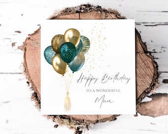 Mum Birthday Card with Teal & Gold Animal Print Balloons