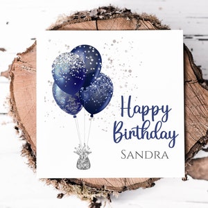 Carte d'anniversaire personnalisée pour elle avec des ballons à effet scintillant imprimés bleu marine et argent, jolie carte pour maman, soeur, tante ou nièce