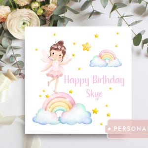 Carte d'anniversaire personnalisée de fée pour fille, arc-en-ciel et étoiles, nom personnalisé, carte d'anniversaire magique pour fille, petite-fille, nièce