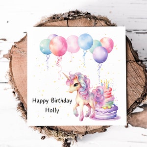 Belles filles carte d'anniversaire licorne personnalisée avec nom, carte pour nièce, fille, petite-fille, cartes de voeux imprimées personnalisées