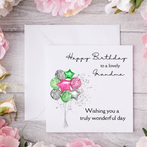 Adorabile biglietto di auguri per il compleanno della nonna con palloncino rosa verde argento glamour, grazioso biglietto di auguri di compleanno con stampa di alta qualità su cartoncino di lino per una finitura di lusso