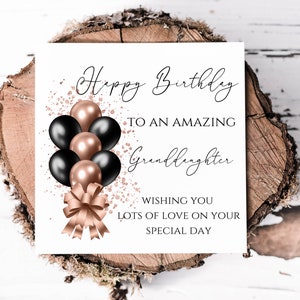 Carte d'anniversaire petite-fille avec bouquet de ballons noir et or rose, jolie carte d'anniversaire pour une merveilleuse petite-fille