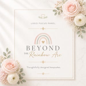 Puede incluir: Un letrero rectangular con el texto LOGO FOCUS PANEL, BEYOND THE Rainbow Arc y Thoughtfully designed keepsakes. El dise&ntilde;o incluye un gr&aacute;fico de arco&iacute;ris en tonos pastel con un coraz&oacute;n, l&iacute;neas doradas decorativas y flores rosas.