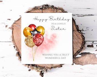 Sister Red and Gold Birthday Balloon Card , Birthday Card With Balloon Bunch Design In Stunning Colours Printed On Linen Card