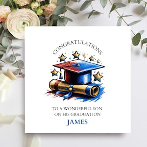 Carte de remise des diplômes personnalisée pour fils, petit-fils, neveu ou ami, carte de félicitations de remise des diplômes avec casquette et diplôme, remise des diplômes