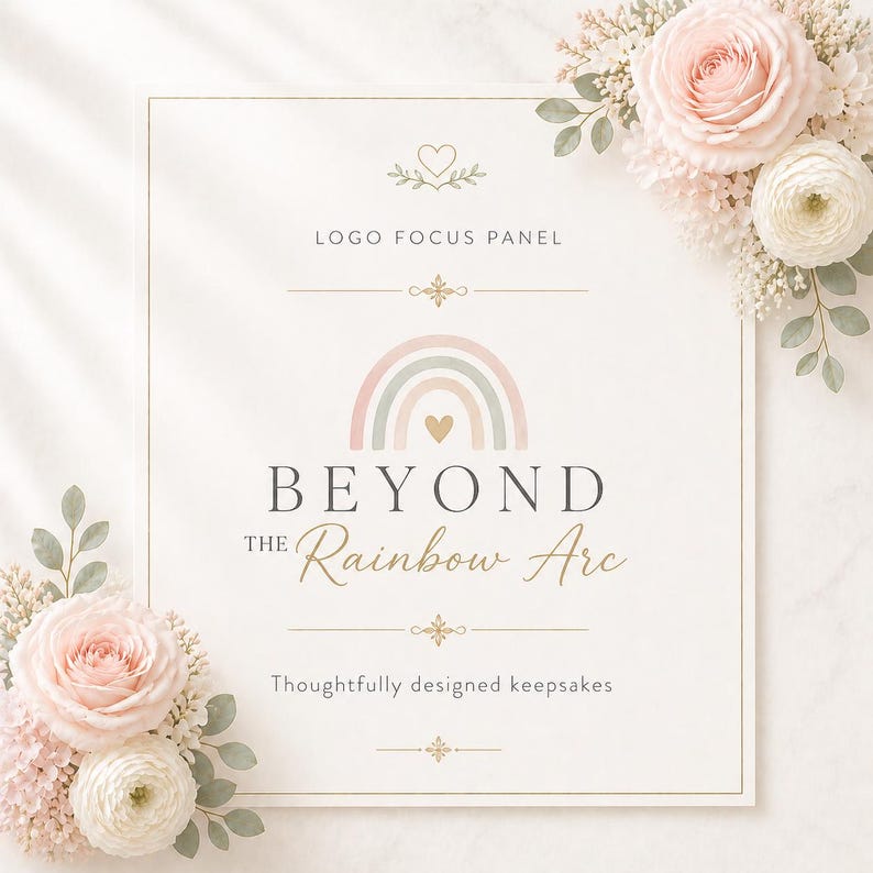 May include: A rectangular sign featuring the text LOGO FOCUS PANEL, BEYOND THE Rainbow Arc, and Thoughtfully designed keepsakes. The design includes a pastel rainbow graphic with a heart, decorative gold lines, and pink and white floral accents.