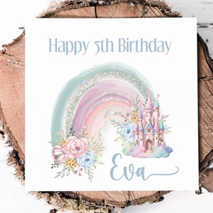 Château de conte de fées et carte d'anniversaire personnalisée arc-en-ciel pour petite fille, à personnaliser avec le nom de l'âge, carte d'anniversaire magique pour fille nièce