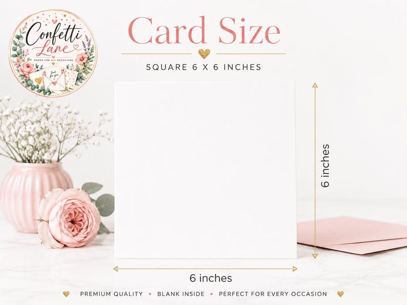 May include: A square white greeting card with a blank front, measuring 6 inches by 6 inches. The image includes text stating Card Size, Square 6 x 6 inches, and includes a logo for Confetti Lane. A pink envelope is positioned to the right.