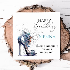 Splendido biglietto di auguri di compleanno personalizzato con scarpa gioiello per una ragazza glamour, biglietto di auguri per occasioni speciali a tema moda, ragazza amante delle scarpe