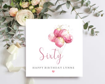 Carte d'anniversaire personnalisée pour les 60 ans : ballons roses, papier cartonné texturé