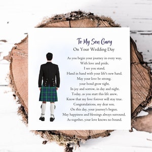 Cartão personalizado para o dia do casamento do filho com o noivo em kilt, cartão de casamento com poema, presente de lembrança de casamento do filho, escolha de cor de cabelo e xadrez