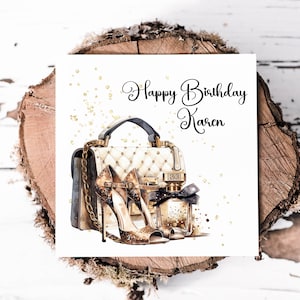 Carte glamour personnalisée pour son anniversaire avec un beau sac à main, des talons et une bouteille de parfum, une jolie carte pour une soeur, un ami ou une fille