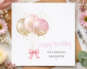 Daughter Birthday Card, Pink Gold Balloons, Any Age, Handmade UK, From Parents