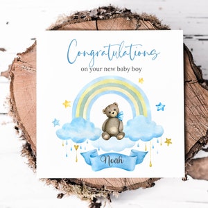 Félicitations pour votre nouveau bébé garçon, carte arc-en-ciel bleu et ours en peluche pour un nouveau bébé garçon, cadeaux personnalisés pour bébé