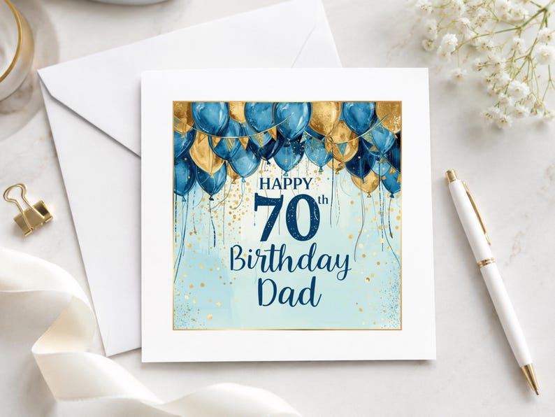 May include: A square greeting card featuring a watercolor illustration of blue and gold balloons at the top with gold confetti accents. The text reads Happy 70th Birthday Dad in dark blue script and block lettering against a light blue background.