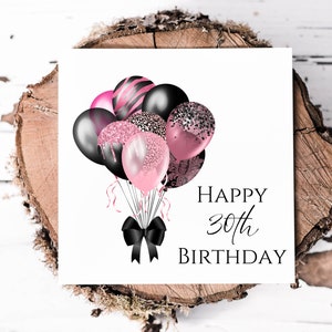 Carte 30e anniversaire pour elle personnalisée avec son nom avec un bouquet de ballons roses et noirs pour l'anniversaire d'une soeur, d'une nièce ou d'un ami, à personnaliser pour tous les âges