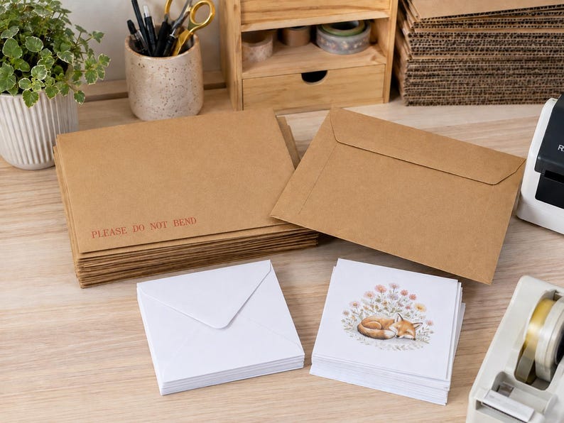 May include: A stack of rectangular brown kraft paper envelopes with the red text PLEASE DO NOT BEND printed on the front, alongside a stack of square white envelopes and a stack of square white greeting cards featuring a sleeping fox illustration.