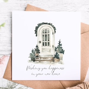 Cartão de casa nova com imagem de porta em aquarela, desejando-lhe felicidade em sua nova casa, boa sorte em sua nova casa, cartões e presentes de inauguração de casa