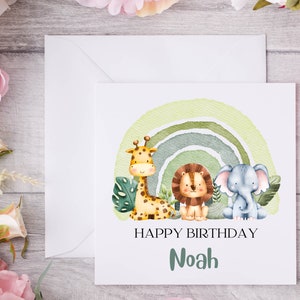 Gepersonaliseerde verjaardagskaart safaridieren met aquarel groene regenboog schattige jungledieren verjaardagskaart voor neef of kleinzoon