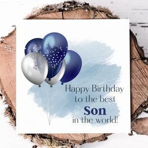 Cartão de aniversário com balões azuis marinhos e prateados para filho, cartão de aniversário especial para ele, cartão de aniversário do melhor filho do mundo
