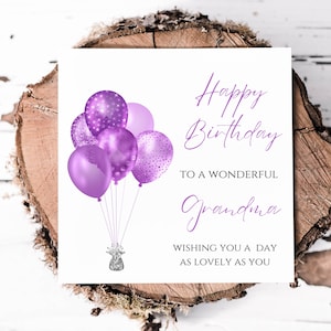 Cartão de aniversário da vovó, com balões com efeito glitter roxo e prateado, cartões e presentes de lembrança de aniversário da vovó,