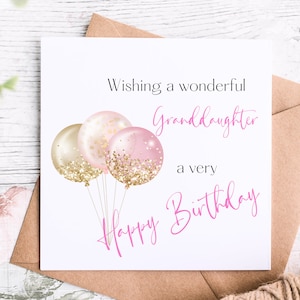 Biglietto di auguri per il compleanno della nipote, biglietto di auguri per il compleanno di una meravigliosa nipote con mazzo di palloncini rosa e oro, biglietti per lei,