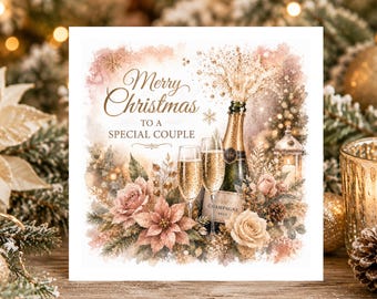 Luxury Christmas Card for Couple, Merry Christmas to a Special Couple, Champagne Christmas Card, Elegant Festive Poinsettia Greeting Card