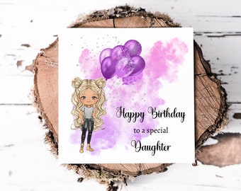 Birthday Card For A Special Daughter With Purple Printed Glitter Effect Balloons, Personalise With Choice Of Doll Change Hair and Eye Colour