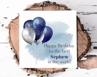Nephew Birthday Card: Navy Blue & Silver Balloons (6x6 Printed Card)
