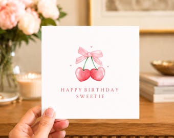 Cute Cherry Birthday Card for Her, Sweetie Birthday Card, Pink Coquette Birthday Card, Girly Aesthetic Birthday Card