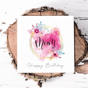 Carte d'anniversaire pour maman avec couronne de fleurs, motif aquarelle rose et or Carte d'anniversaire pour maman le jour de son anniversaire