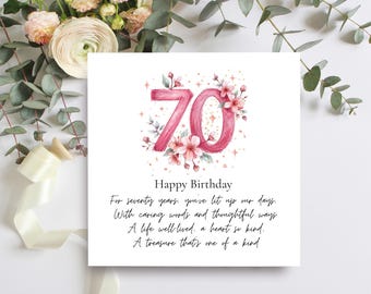 Personalized 70th Birthday Card for Her, Floral Watercolour Milestone Card, Custom Age, Keepsake Poem, Special Woman Gift