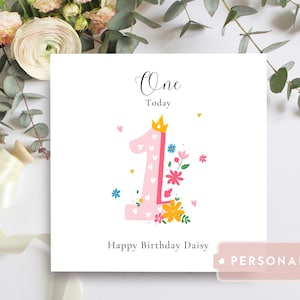 Carte personnalisée 1er anniversaire pour fille, numéro un floral rose, carte de joyeux premier anniversaire pour fille, nièce ou petite-fille,