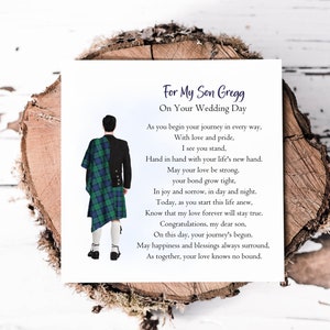 Cartão de dia de casamento do filho com noivo em kilt com xadrez, cartão de casamento com poema, presente de lembrança de casamento do filho, escolha de cor de cabelo e tartan