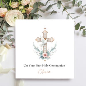 First Holy Communion Card With Floral Cross Personalised For Daughter, Goddaughter, Niece, Granddaughter, Personalised Communion Keepsake