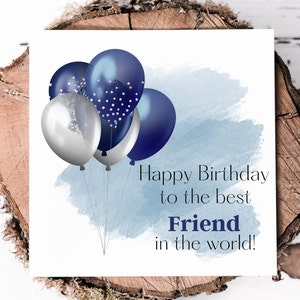 Carte d'anniversaire pour homme avec un bouquet de ballons bleus avec option de nom personnalisé pour la journée spéciale d'un ami