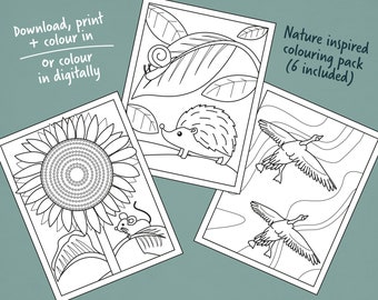 Nature inspired colouring pages - Set of 6 - For printable and digital use! - Instant download