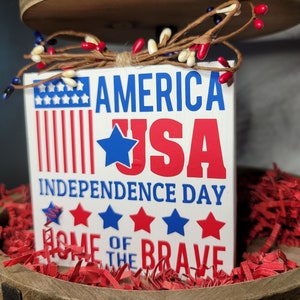 Independence Day Tiered Tray Decor, Patriotic Decor, Red White and Blue, Fourth of July Decor - America USA Wood Shelf Sitter