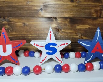 Wooden Patriotic Star Set For Fourth Of July Tiered Tray