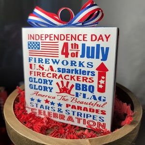 Independence Day Tiered Tray Decor, Patriotic Decor, Red White and Blue, Fourth of July Decor - Patriotic Word Wood Shelf Sitter